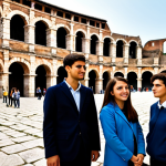A diverse group of young adult students, fully clothed in modest, practical travel attire, stands with an experienced educator. They look with engaged curiosity at the ancient Roman ruins of the Verona Arena, observing its grand architectural details. The historical site is bathed in soft, natural light, conveying a sense of timeless majesty. The background shows a clear view of the arena's structure. This is a high-quality professional photograph, detailed and realistic, featuring perfect anatomy, correct proportions, natural poses, well-formed hands, proper finger count, and natural body proportions. safe for work, appropriate content, fully clothed, professional, family-friendly.