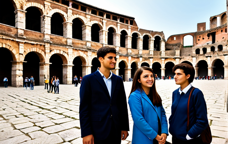A diverse group of young adult students, fully clothed in modest, practical travel attire, stands with an experienced educator. They look with engaged curiosity at the ancient Roman ruins of the Verona Arena, observing its grand architectural details. The historical site is bathed in soft, natural light, conveying a sense of timeless majesty. The background shows a clear view of the arena's structure. This is a high-quality professional photograph, detailed and realistic, featuring perfect anatomy, correct proportions, natural poses, well-formed hands, proper finger count, and natural body proportions. safe for work, appropriate content, fully clothed, professional, family-friendly.