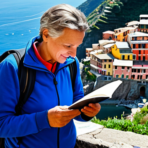 Home 14 **
A traveler, fully clothed in appropriate hiking gear, stands on a mountaintop overlooking the Cinque Terre, Italy. The Mediterranean Sea stretches out before them. They are holding a travel journal and pen, seemingly reflecting on their experiences. In the background, the colorful villages cling to the cliffs. The scene evokes a sense of self-discovery and personal growth. safe for work, appropriate content, professional photography, natural proportions, perfect anatomy, fully clothed, modest attire, family-friendly, Italian landscape, clear day, well-formed hands.
**
