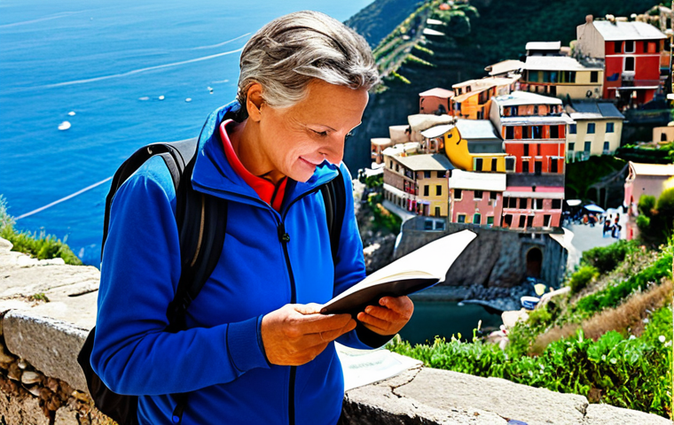 **
A traveler, fully clothed in appropriate hiking gear, stands on a mountaintop overlooking the Cinque Terre, Italy. The Mediterranean Sea stretches out before them. They are holding a travel journal and pen, seemingly reflecting on their experiences. In the background, the colorful villages cling to the cliffs. The scene evokes a sense of self-discovery and personal growth. safe for work, appropriate content, professional photography, natural proportions, perfect anatomy, fully clothed, modest attire, family-friendly, Italian landscape, clear day, well-formed hands.
**