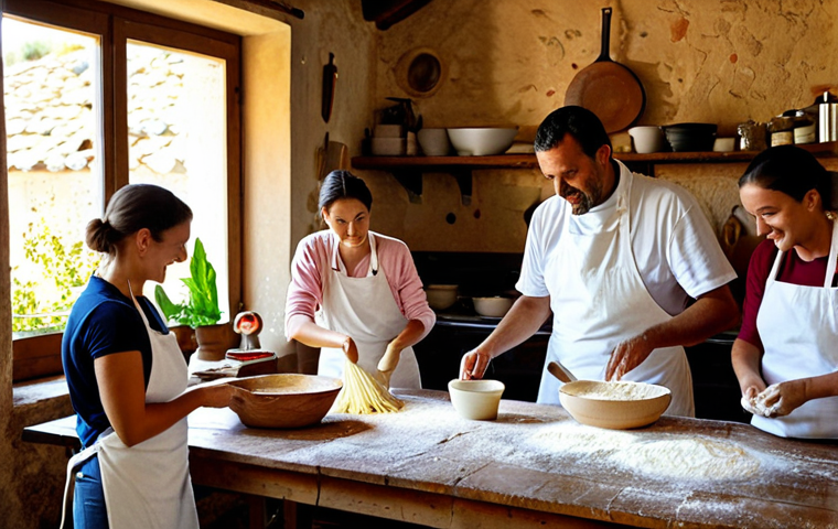 성인 교육을 위한 학습 중심 여행 아이디어 - Culinary Workshop in Tuscany**
Prompt: "A group of tourists participating in a hands-on pasta-makin...