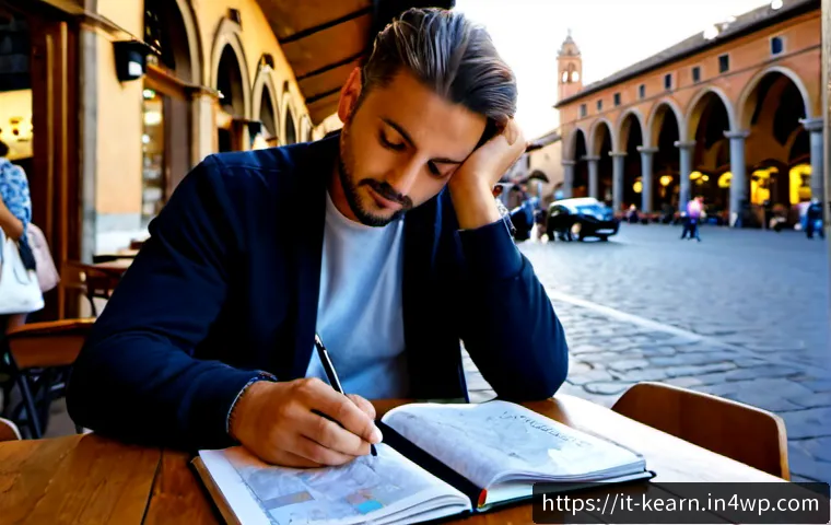 여행 중 다양한 각도에서의 학습 접근법 - Photorealistic Italian travel learning scene, curious adult traveler seated at an outdoor café in Bo...